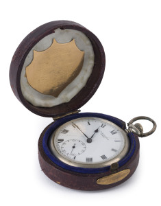 ST. KILDA FOOTBALL CLUB: A silver pocket watch (by W.H. Elliott of Boort) presented in a custom-made leather case with silk and felt lining onto which an ornate gold plaque has been affixed and engraved: "St. Kilda Football Club. PRESENTED TO ALFRED SMITH Esq., by a few of his admirers in recognition of services rendered in the field. Season 1886."