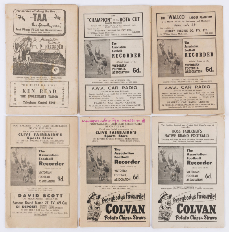 "The Association Football Recorder: The Official Organ of the Victorian Football Association" (the VFA): 1953 Grand Final (Port Melbourne v Yarraville); 1956 Prelim Final (Williamstown v Box Hill); 1956 Grand Final (Williamstown v Port Melbourne); 1957 Pr