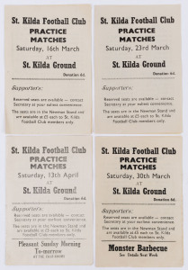 ST. KILDA FOOTBALL CLUB: 1963 Practice Match programmes for games played at the St. Kilda Ground on 16th, 23rd & 30th March and 13th April. Each of 4 pages and providing a listing of the players making up 4 teams. Noted Ditterich, Stewart, Smith, Baldock, Howell, Roberts, Synman, Coady and Morrow. (4 items).