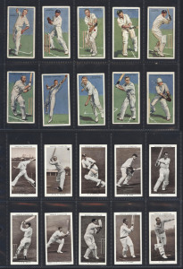1930s series featuring Australian & English Cricketers comprising John Player & Sons complete set of 50 of "Cricketers 1930", "Cricketers 1934" & "Cricketers 1938", Ogden's "Prominent Cricketers of 1938" (50); also 2002 Reprint set of Allen's Confectionery 1932 series "Bradman's Records" (18) & Rockwell Cards 2005 Series "Bodyline (10) & 2006 Series "The 1948 Australians" (10); condition generally VG/VF. (238)