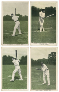 Postcards by Raphael Tuck & Sons: "In the Open" Postcard Series 6450 - "Famous Batsmen." Printed photographs with green backgrounds: W.G.Grace, Ranjitsinhji, T. Hayward & C.B.Fry. (4) all unused.