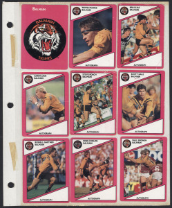 1998 SCANLENS (STIMOROL): largely complete set [141/144] noting signed Teo Ropati (Newcastle Knights); also Scanlens 1987 Cards for Canterbury (8) and Balmain (6); all are mounted with cellotape on photograph album pages; mixed condition. (155)