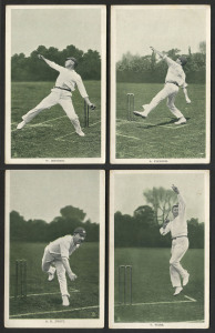 Postcards by Raphael Tuck & Sons: "In the Open" Postcard Series 6451 - "Famous Bowlers." Printed photographs with green backgrounds: W. Rhodes, A.E. Trott, A. Fielder & T. Wass. (4) all unused.