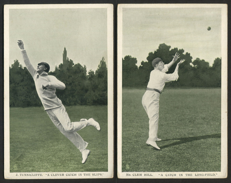 Postcards by Raphael Tuck & Sons: "In the Open" Postcard Series 6452 - "Famous Fielders." Printed photographs with green backgrounds: Clem Hill, J. Tunnicliffe, A.A. Lilley, M.A. Noble & G.L. Jessop. (5) all unused.