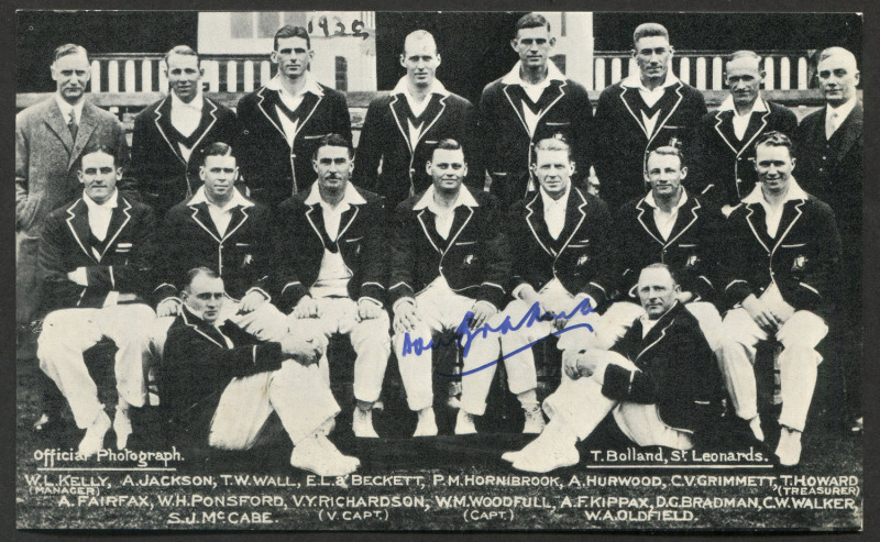 POSTCARDS: The 1930 Australian team and the 1956 Australian Team; two official postcards, Unused. (2). Also, a reprinted 1930 Team photo postcard with original signature in ink of Don Bradman. (3 items).