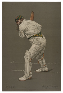 "THE EMPIRE'S CRICKETERS" Part II, published for The Fine Art Society by Dawbarn & Ward, 1905. Being original colour lithographs of W.G. Grace, P.F. Warner, G. McGregor & W. Rhodes by A. Chevallier Tayler. With original wrappers. (4 lithographs).
