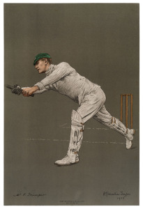 "THE EMPIRE'S CRICKETERS" Part VIII, published for The Fine Art Society by Dawbarn & Ward, 1905. Being original colour lithographs of A.C. Maclaren, Victor Trumper, G.L. Jessop & A. Lilley by A. Chevallier Tayler. With original wrappers. (4 lithographs).