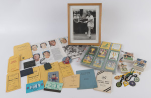 Interesting assortment with CRICKET: 1951-52 & 1952-53 Prahran CC member's tickets, 1979-80 MCC membership badge, MCC voting member cards (2), 1983-84 "Butter Swap Card" album with [52/56] cards, assortment of Weet-Bix/Kanga cricket cards (75); AUSSIE RUL
