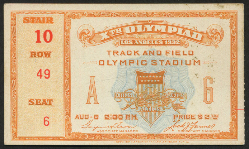 1932 Los Angeles Olympic Stadium Track & Field Stub for August 6th (66 x113mm), in good condition. Track & Field highlights for the day included James Bausch (USA) setting a new World Record for the Decathlon of 8462.235pts.