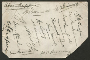 1934 AUSTRALIA vs ENGLAND 5th TEST: signatures of Australian tour members on a plain postcard (faults) stated to have been collected by Bradman himself and signed by him, plus those of Alan Kippax, Clarrie Grimmett, Bill Woodfull, Bill Ponsford, Hans Ebeling (his only Test Match), Len Darling, Arthur Chipperfield, Bill O'Reilly, Stan McCabe, Bert Oldfield, Bill Brown, Ben Barnett, Chuck Fleetwood-Smith & Ernest Bromley