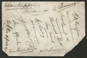 1934 AUSTRALIA vs ENGLAND 5th TEST: signatures of Australian tour members on a plain postcard (faults) stated to have been collected by Bradman himself and signed by him, plus those of Alan Kippax, Clarrie Grimmett, Bill Woodfull, Bill Ponsford, Hans Ebel