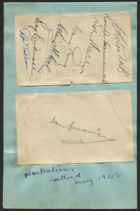 1948 AUSTRALIAN TEAM IN ENGLAND: Signatures on two autograph pages adhered to piece endorsed "Australians/Southend/May 1948" with Don Bradman's singature (in pencil) on one page and signatures of seven teammates (in ink) including Ray Lindwall, Don Tallon, Ron Hamence, Ernie Toshack & Colin McCool.