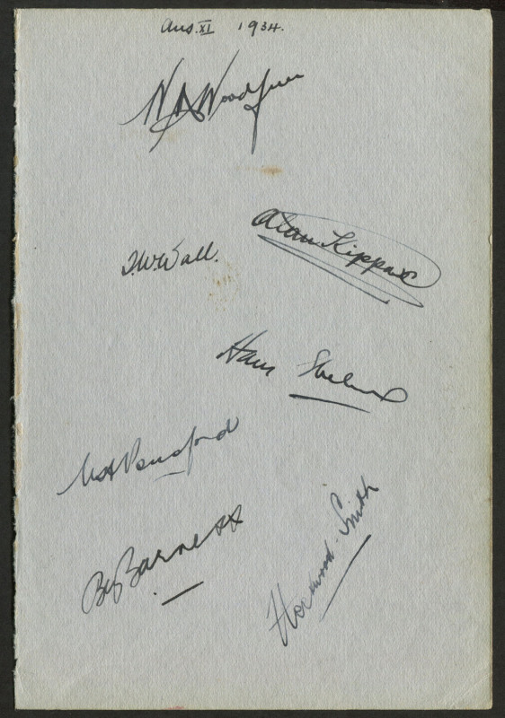 1934 AUSTRALIAN TEAM IN ENGLAND: Signatures (14) on autograph pages including Don Bradman, Bill Ponsford, Stan McCabe, Clarrie Grimmett, Bill O'Reilly, Bill Woodfull; endorsement on reverse from English film and stage actor Owen Nares.