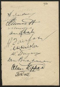 1930 AUSTRALIAN TEAM IN ENGLAND: Signatures (10) on autograph page including Don Bradman, Stan McCabe, Clarrie Grimmett, Bill Ponsford, Vic Richardson & Alan Kippax.