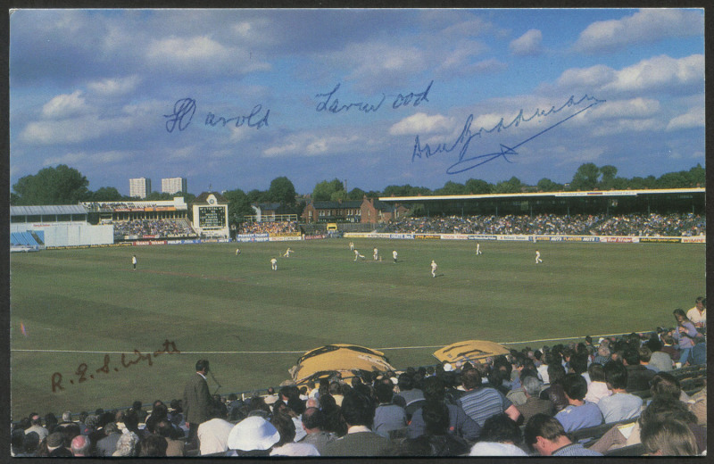 DON BRADMAN, HAROLD LARWOOD & BOB WYATT: signatures on colour postcard of Edgbaston Test & Warwickshire County Cricket Ground