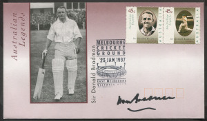 DON BRADMAN: Australian Legends - Don Bradman first day cover, SIGNED BY BRADMAN, commemorative Melbourne Cricket Ground datestamp, with CofA.