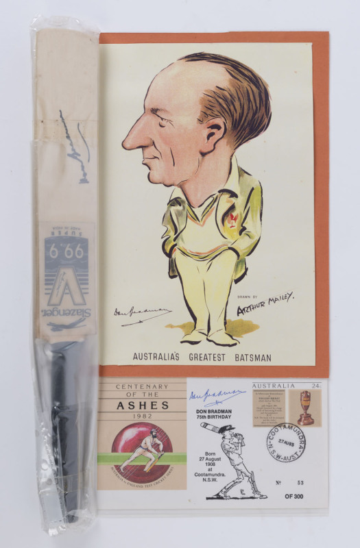 DON BRADMAN: Miniature Slazenger cricket bat and 1982 Centenary of the Ashes limited edition philatelic cover with COOTAMUNDRA datestamp (Bradman's place of birth), BOTH ITEMS SIGNED BY BRADMAN; also reproduction caricature image (25.5 x 17.5cm) of Bradma