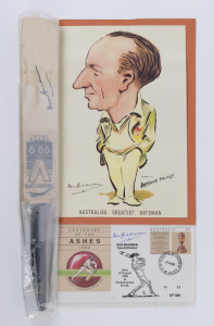 DON BRADMAN: Miniature Slazenger cricket bat and 1982 Centenary of the Ashes limited edition philatelic cover with COOTAMUNDRA datestamp (Bradman's place of birth), BOTH ITEMS SIGNED BY BRADMAN; also reproduction caricature image (25.5 x 17.5cm) of Bradman by Arthur Mailey and two cricket nostalgia reproduction postcards. (5 items)