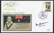 DON BRADMAN: Benham Silks "Australian Legends - Don Bradman" first day cover, SIGNED BY BRADMAN, with commemorative Adelaide datestamp.