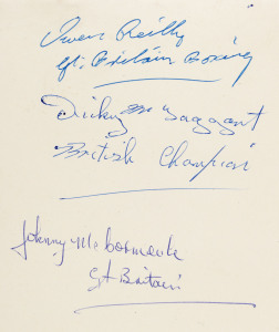 AUTOGRAPH BOOK: Signatures of athletes competing in 1956 Olympics, mostly boxers including Dick Mctaggart (GB) lightweight gold medallist, who also won the Val Barker Trophy for being the outstanding stylist of the games, Terry Spinks (GB) flyweight gold medallist, Ray Perez (USA) and Jose Torres (USA) silver medallist light middleweight who went on to become a professional world light-heavyweight champion in 1965; also Ring Magazine owner & editor-in-chief Nat Fleischer,