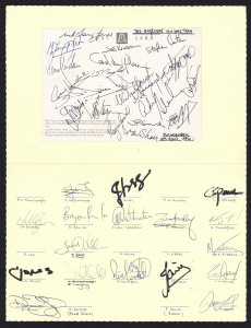 1986 Five Nations XV v Overseas Unions XV: picture postcard showing Cardiff Arms Park signed on reverse by members of the Overseas Union Team including Australians Nick Farr-Jones, Simon Poideven & Michael Lynagh; All Blacks John Kirwan, Andy Dalton & Mark Shaw; Springboks Schalke Burger & Danie Gerber; also 2001 Barbarians v Australia commemorative card signed by most members of the Barbarians team including Rob Howley (Wales), Breyton Paulse (Springboks),