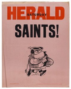 ST. KILDA PRELIMINARY FINAL: 18 September 1971 original WEG poster for St. Kilda's preliminary final win over Richmond. The pink paper stock indicating that the news covered by the poster was "late breaking". Extremely scarce; in fact, only the second example we have offered. Very good condition.