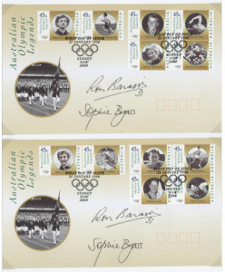 AUTOGRAPHS: mostly on 1998 Olympic Legends first day covers all signed by the stamp designer Sophie Byass comprising AUSSIE RULES legends Tommy Hafey (4) and Ron Barassi (4); OLYMPIAN Marjorie Jackson (4) winner of 100m & 200m golds at 1952 Helsinki Olymp