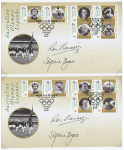 AUTOGRAPHS: mostly on 1998 Olympic Legends first day covers all signed by the stamp designer Sophie Byass comprising AUSSIE RULES legends Tommy Hafey (4) and Ron Barassi (4); OLYMPIAN Marjorie Jackson (4) winner of 100m & 200m golds at 1952 Helsinki Olympics, plus other 10 items signed by Byass alone; also OLYMPIAN Roger Bannister (4) the first man to break the four-minute mile on four 1982 Brisbane Games FDCs,