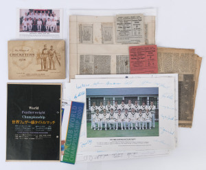 Assortment with BOXING: Japanese programme for the Jonnny Famechon 1970 rematch against Fighting Harada held in Tokyo (Famechon winning the fight by KO in the 14th round); CRICKET: 1931 (May 30) page from Nottingham Guardian commemorating 100th Test Match
