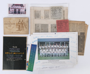 Assortment with BOXING: Japanese programme for the Jonnny Famechon 1970 rematch against Fighting Harada held in Tokyo (Famechon winning the fight by KO in the 14th round); CRICKET: 1931 (May 30) page from Nottingham Guardian commemorating 100th Test Match opening at Trent Bridge, John Player "Cricketers,1938" cigarette cards (50) glued into album, 1981 tickets (2) for England v Australia 6th Test Match at The Oval, team photos with facsimile signatures