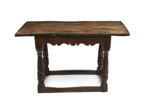 An English provincial occasional table made from solid elm slabs with peg joint construction, late 17th early 18th century, 78cm high, 130cm wide, 68cm deep