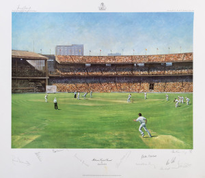 1977 Centenary Test "Melbourne Cricket Ground" Limited Edition Print by Alan Fearnley, signed by the artist and by the 1977 England Centenary Test Team including Derek Randall, Derek Underwood, Tony Grieg, Bob Willis & Alan Knott, with CofA numbered 543/850, size 62x75cm; also "The Madras Tied Test" (1986) print by Iain McKellar, signed by spin bowler Greg Matthews who took 10-249 in the match, and by the artist, size 52x56cm. (2 items)