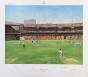 1977 Centenary Test "Melbourne Cricket Ground" Limited Edition Print by Alan Fearnley, signed by the artist and by the 1977 England Centenary Test Team including Derek Randall, Derek Underwood, Tony Grieg, Bob Willis & Alan Knott, with CofA numbered 543/8