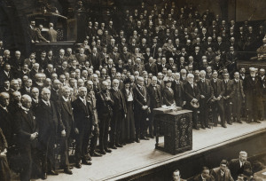 WINSTON CHURCHILL - 1908 ELECTION CAMPAIGN PHOTOGRAPH: Original photograph (24 x 35.5cm) taken on the 4th May 1908 showing Winston Churchill (front centre) following his speech at Kinnaird Hall, Dundee, during the campaign to elect him as MP for Dundee; f