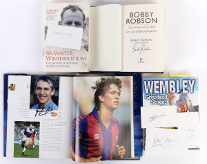 LITERATURE - SIGNED BIOGRAPHIES OR BOOKS BY FOOTBALL MANAGERS/ADMINISTRATORS: comprising Bobby Robson "Farewell But Not Goodbye", Tommy Docherty "My Story", Terry Venables' "Football Heroes" not signed by Venables but signed by (on paperclip-attached pieces) Tom Finney, Gordon Banks, Franz Beckenbauer & Gary Lineker; also "The Treasures of Manchester United" (with slipcase) signed by Matt Busby, Bobby Charlton & Nobby Stiles