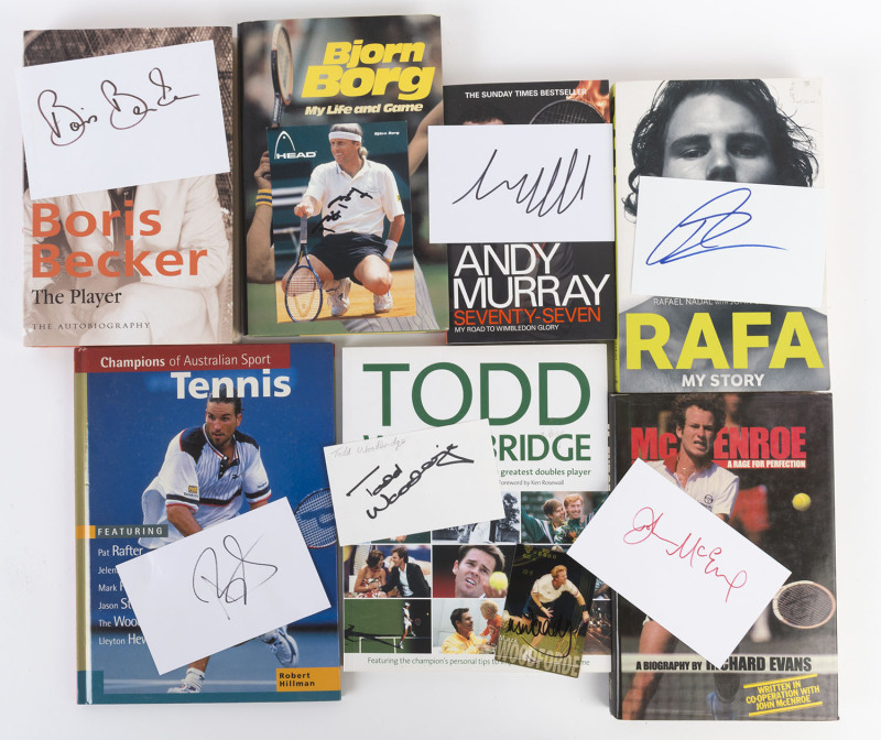 MALE TENNIS PLAYER LITERATURE WITH SIGNATURES: comprising hardbound "Rosewall - Twenty Years at the Top" (1976, signature on piece) , Bjorn Borg "My Life and Game" (1980) with signed colour photo of Borg, "McEnroe - a Rage for Perfection" (1982, signature