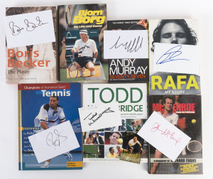 MALE TENNIS PLAYER LITERATURE WITH SIGNATURES: comprising hardbound "Rosewall - Twenty Years at the Top" (1976, signature on piece) , Bjorn Borg "My Life and Game" (1980) with signed colour photo of Borg, "McEnroe - a Rage for Perfection" (1982, signature on piece), Fred Perry "An Autobiography" (1984) with signed photograph, Rod Laver "A Memoir" (2013, signature on piece), Boris Becker "The Player" autobiography (2004, signature on piece);