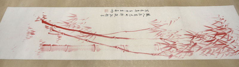 A Chinese scroll, bamboo in red ink, 242 x 50cm