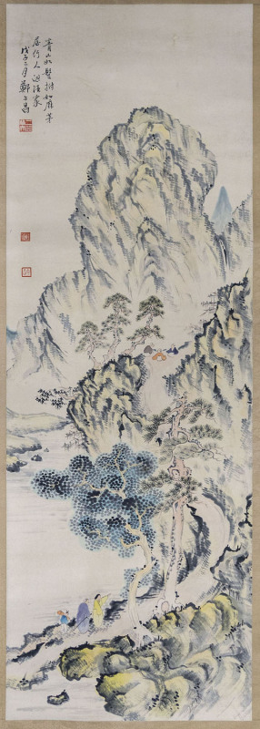 A Chinese scroll, figures in mountain scene landscape, 236 x 59cm overall