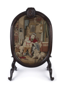 An antique fire screen with tapestry panel, 19th century, 100cm high, 61cm wide