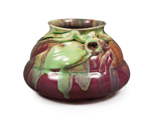 REMUED pottery vase attributed to Margaret Kerr with applied gum leaf branch and large size gum nuts, stunning early pink and lime green colourway, and a rare shape, incised "Remued, Hand Made, 151M", 12cm high, 18cm diameter