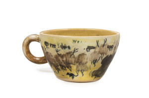 ARTHUR MERRIC BOYD & NEIL DOUGLAS pottery teacup with kangaroo in bush landscape, signed "A. M. Boyd, Neil Douglas", 6.5cm high, 14.5cm wide