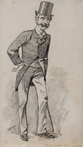 "GASH" (artist), A caricature of J.A. Panton, with the title "An Aristocratic Beak" in pen below. pen & ink on board, circa 1890s, 42 x 24cm. also, another caricature (of an un-named top-hatted bearded gentleman carrying the sceptre of the Speaker) by th