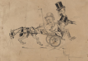 ALFRED JAMES VINCENT [1874 - 1915], Exhibition trio, pen and ink on board, signed lower right, 26 x 34cm. Vincent took over from Phil May at "The Bulletin". The two bearded gentlemen being carried away are believed to be Jules Francois de Sales Joubert a