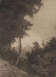 FREDERICK A. CAMPBELL [1869 - 1930] Yarra from Botanical Gardens Bridge aquatint, c1914 titled in pencil to lower margin and signed with monogram in image at right, 11 x 16cm also, by the same artist The bush road aquatint, c1914 titled in pencil to lower
