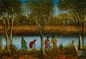 KEVIN CHARLES (PRO) HART (1928 - 2006), Yabbie Hunters, oil on board, signed lower right, 18 x 24.5cm.