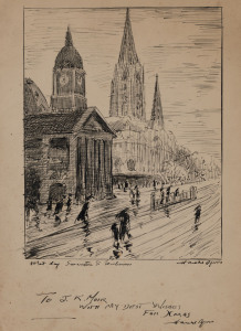 HAROLD BYRNE (1899 - 1966) Wet day, Swanston St Melbourne c1925, pen and ink, signed and titled below image, endorsed in lower margin "To J.K. Moir, with my best wishes for Xmas, Harold Byrne".