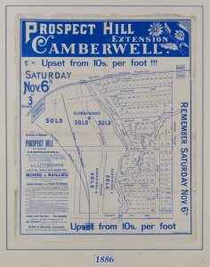 MELBOURNE REAL ESTATE PROSPECT HILL EXTENSION - CAMBERWELL Munro & Baillieu Auctioneers advertising poster for a Nov.6 (1886?) sale of 90 lots of residential land between Camberwell and Canterbury Railway Stations. Printed by Troedel & Co. 63 x 50cm; fram