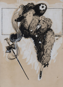 LANCE W. DRIFFIELD (- 1943) also known as "Driff" A society lady in wide-brimmed hat, extravagant fur coat, a walking cane in one hand, a small dog in the other, pen and ink and white highlights on board< signed "DRIFF '23" at centre right, 27 x 21cm.