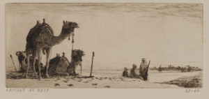ERNEST EDWIN ABBOTT [1888 - 1973] Egyptian landscapes Distant Ruins Oasis Camels at Rest Distant Pyramids four etchings, circa 1930, titled in lower margins, 3 authenticated verso by son, R.D.Abbott; various sizes, the largest 14 x 21cm. (4).